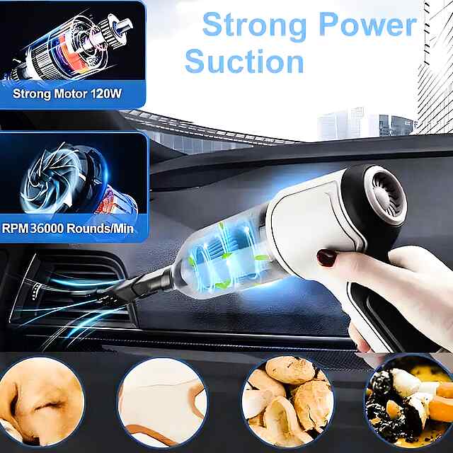 Компресор 2-в-1: продувка пилосос, чистка авто та електроніки. Потужність 120Вт, багато аксесуарів.