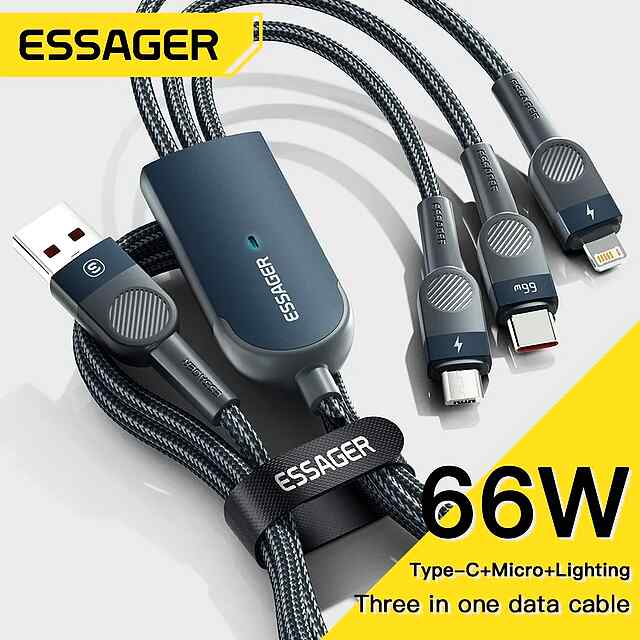 Essager USB 3в1: Type-C/MicroUSB/Lightning, 66W, 1.2м - універсальна зарядка для гаджетів.