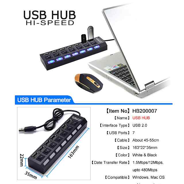7-портовий USB 2.0 хаб - передача даних, портативний, білий та чорний колір - 3 фото товару
