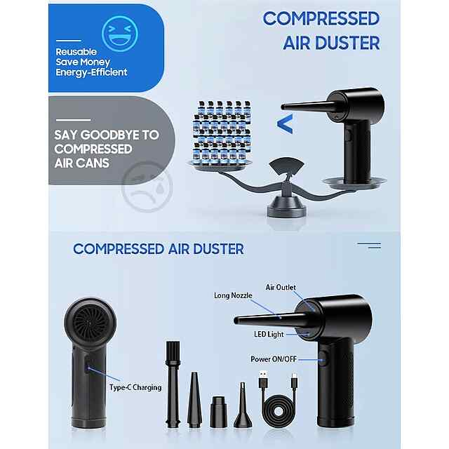 Air Duster - Бездротовий акумуляторний компресор для продувки пилу з електроніки 50000 об/хв   LED ліхтарик - 2 фото товару