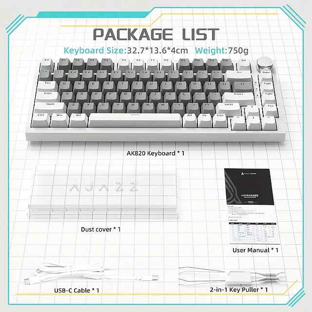 Ajazz AK820: Mech Keyboard w/ Blue LED Backlight - White (New) - 1 фото товару