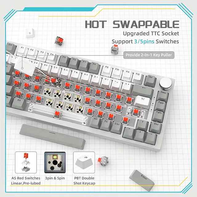 Ajazz AK820 Mechanical Keyboard - Gaming  Work 81 Keys RGB Type-C White/Grey - 2 фото товару