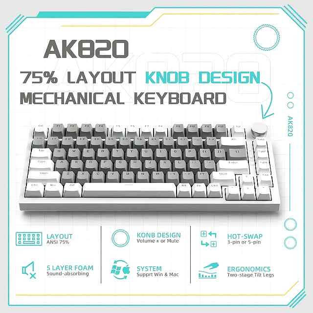 Ajazz AK820 Mechanical Keyboard - Gaming  Work, Full N-key Rollover, PBT Keycaps, RGB Backlight, Type-C - 2 фото товару