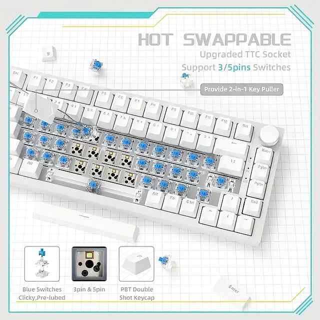 Ajazz AK820 Wired Mechanical Keyboard Black/White Backlit USB-C PBT Keys Gaming - 3 фото товару