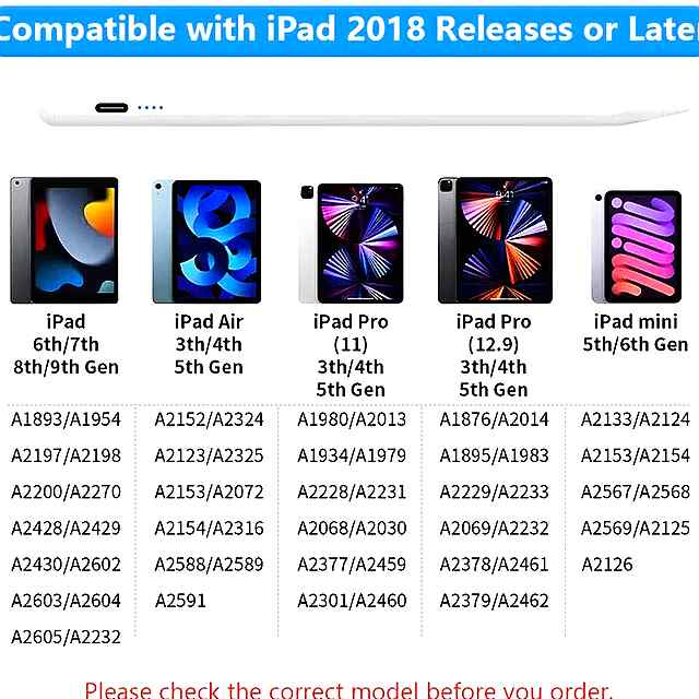Активний Стилус для IPad: Для письма, малювання та роботи. Сумісний з Apple IPad (2018 ). Зарядка Type-C. 4-8 годин роботи. У комплекті. - 1 фото товару