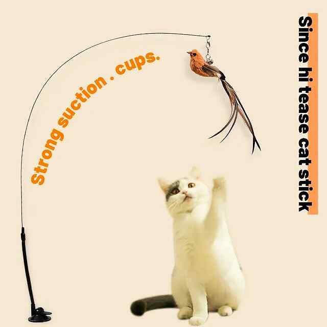 Ігровий вудлище для котів з пір'ям на паличці / Вудка-автомат з присоскою / Інтерактивна забава для кішок та кошенят