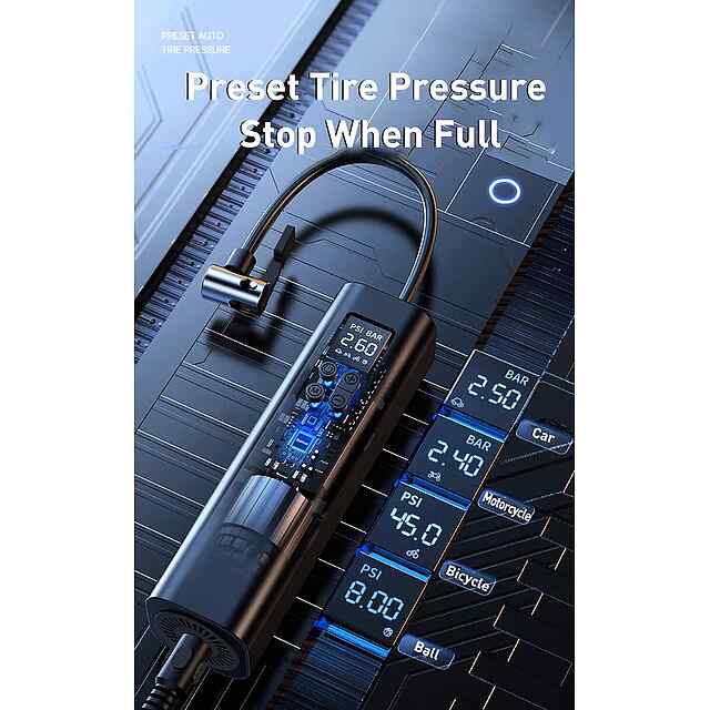 Автомобільний компресор Baseus Super Mini 12V - швидкий та компактний надувний насос для шин, м'ячів, матраців, мото та вело коліс. Ліхтарик. Пам'ять на програми. Автовимкнення. - 1 фото товару