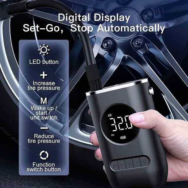 Автомобільний насос для шин з LED та дисплеєм, акумулятор 2000 mAh, 150 PSI. - 2 фото товару