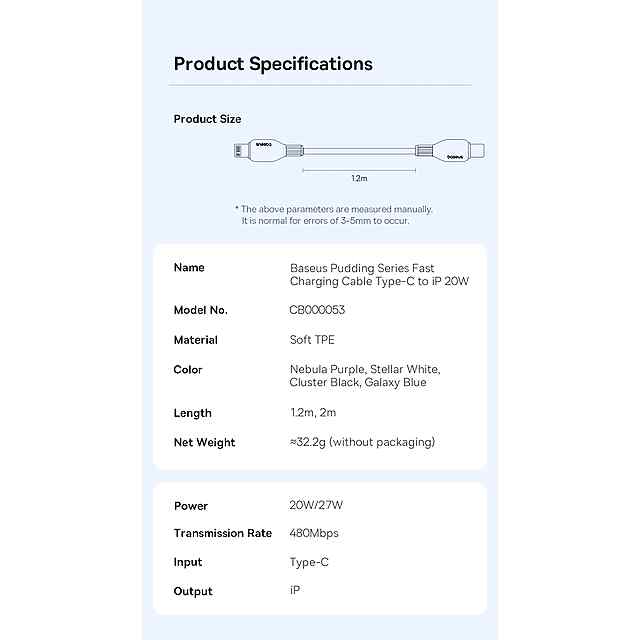 Baseus 20W Lightning Type-C кабель швидкої зарядки, 1.2 м, білий - 1 фото товару