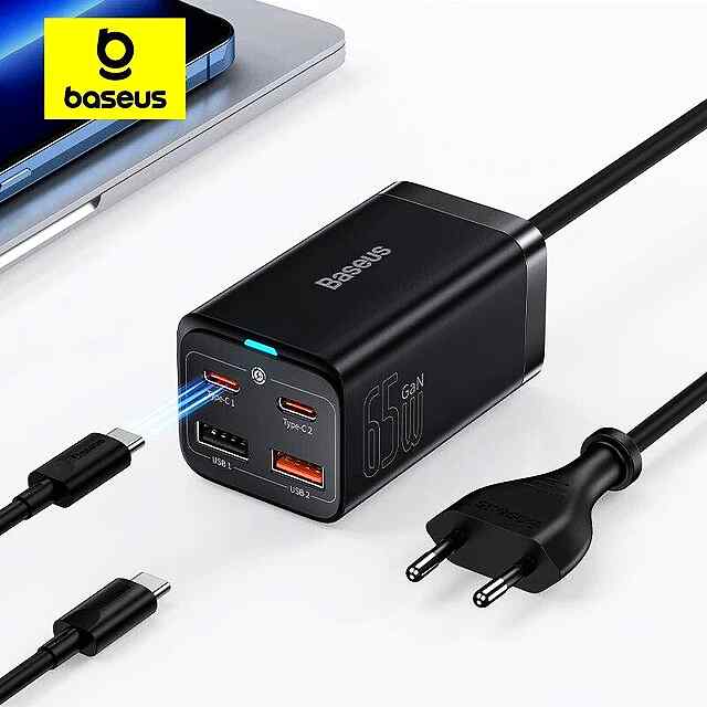 Baseus 65W GaN Charger 4xUSB для iPhone Xiaomi Samsung 100-240V AC - 0 фото товару