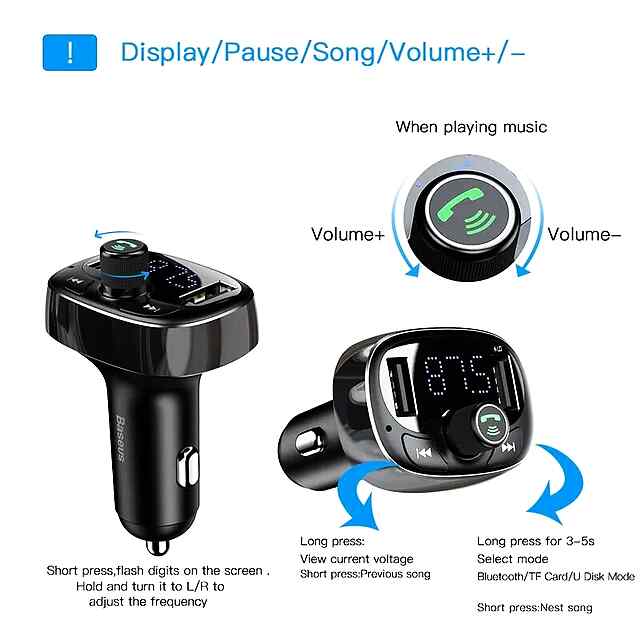 Baseus Bluetooth FM модулятор, подзарядка USB 3.4А   TF карта/USB диск 

Baseus Bluetooth MP3-модулятор Hands Free з підтримкою 2 телефонів і дисплеєм напруги

Автомобільний трансмітер Baseus з зарядкою, BT v4.2   FM відтворювач музики - 2 фото товару