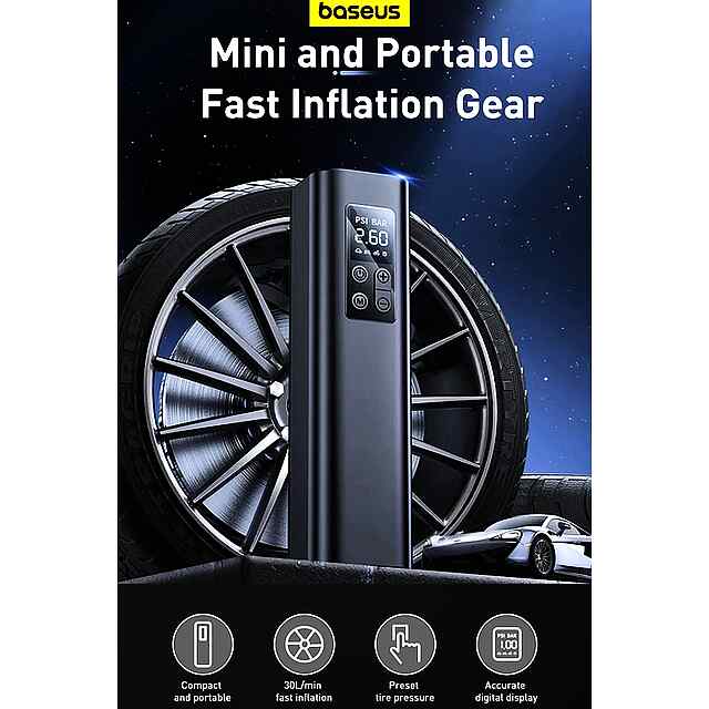 Baseus Super Mini: Автомобільний компресор 12V з пам'яттю та ліхтариком. Накачує колеса/матраци/човни швидко і зручно! - 1 фото товару