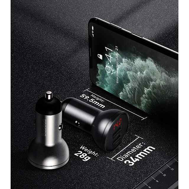 Baseus Зарядка автомобільна LED дисплей 4.8A, 24 Вт USB швидка зарядка iPhone Xiaomi. - 1 фото товару