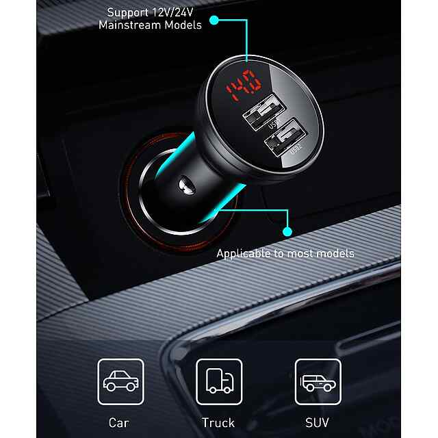 Baseus Зарядка автомобільна LED дисплей 4.8A, 24 Вт USB швидка зарядка iPhone Xiaomi. - 2 фото товару