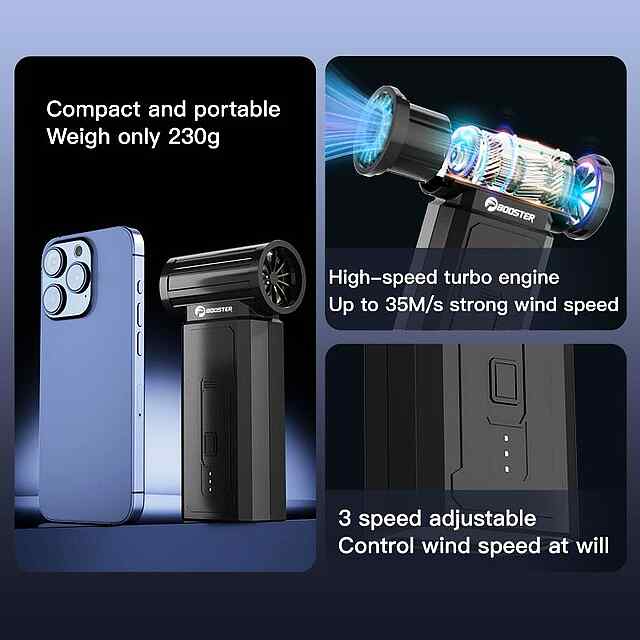 Booster W01 Mini Turbo Jet Fan - портативний повітродув 36м/с, безщітковий двигун, 80хв роботи. Очищення, сушка, фотостудія. Україна. - 1 фото товару