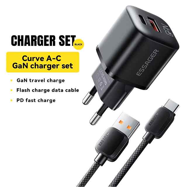 Essager 20W GaN USB Type-C Charger - Швидка зарядка телефонів та планшетів. Підтримка Power Delivery, QC, AFC. Компактний для подорожей. - 0 фото товару