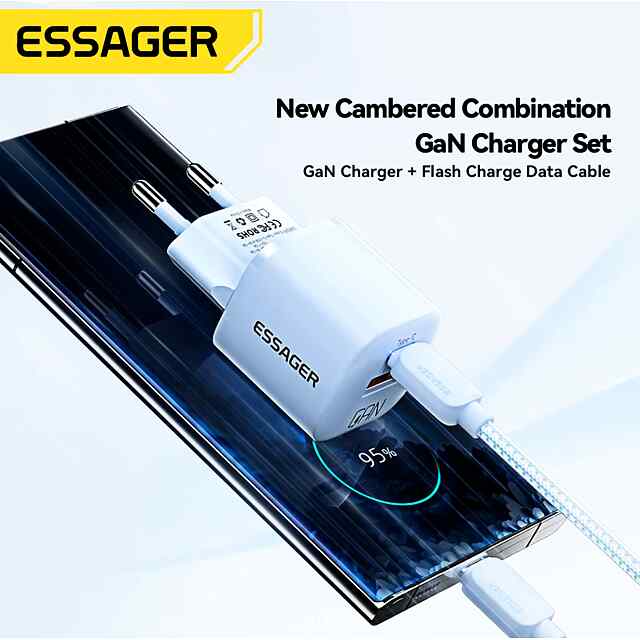 Essager 20W GaN USB Type-C Charger - Швидка зарядка телефонів та планшетів. Підтримка Power Delivery, QC, AFC. Компактний для подорожей. - 2 фото товару