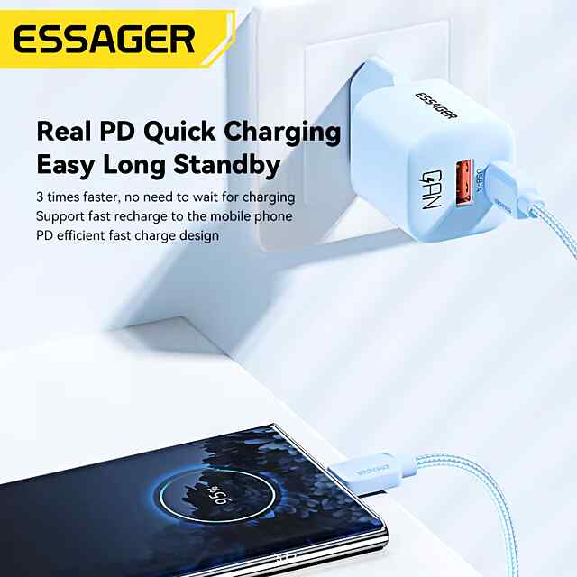 Essager 20W GaN USB Type-C Charger - Швидка зарядка телефонів та планшетів. Підтримка Power Delivery, QC, AFC. Компактний для подорожей. - 3 фото товару