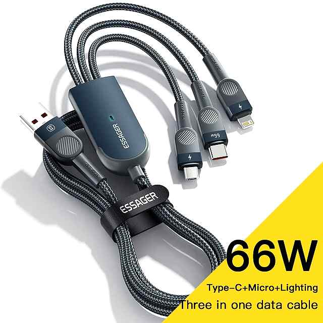 Essager 3в1 USB-кабель 66W, Type-C/MicroUSB/Lightning, 1,2м. Для трьох девайсів! - 1 фото товару