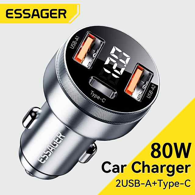 Essager 80W автозарядка з трьома портами Type-C та USB для швидкої зарядки PD QC