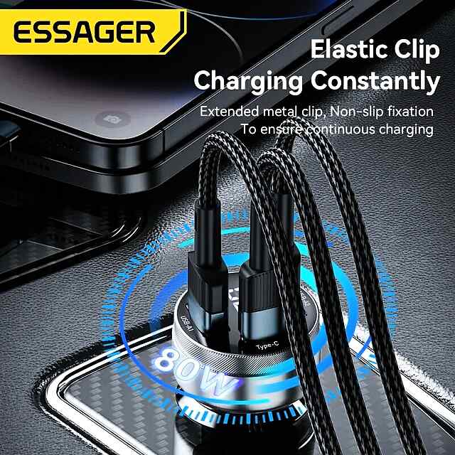 Essager 80W Автомобільний Зарядний Пристрій з Type-C та двома USB, Швидка Зарядка PD/QC3.0 - 3 фото товару