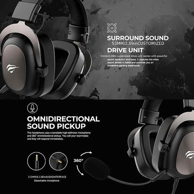 HAVIT Ігрова гарнітура з мікрофоном, 3D звук, USB/AUX, Чорний - 2 фото товару