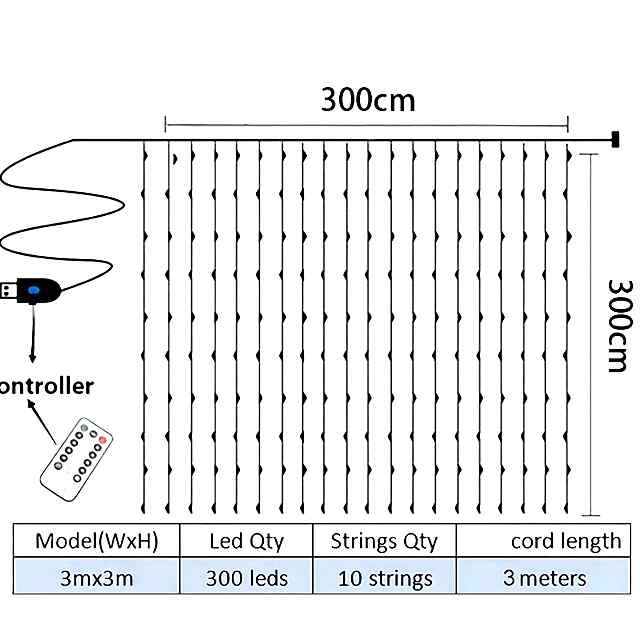 Гірлянда-штора LED 3х3 м, тепло білий, з пультом регулювання яскравості. - 3 фото товару