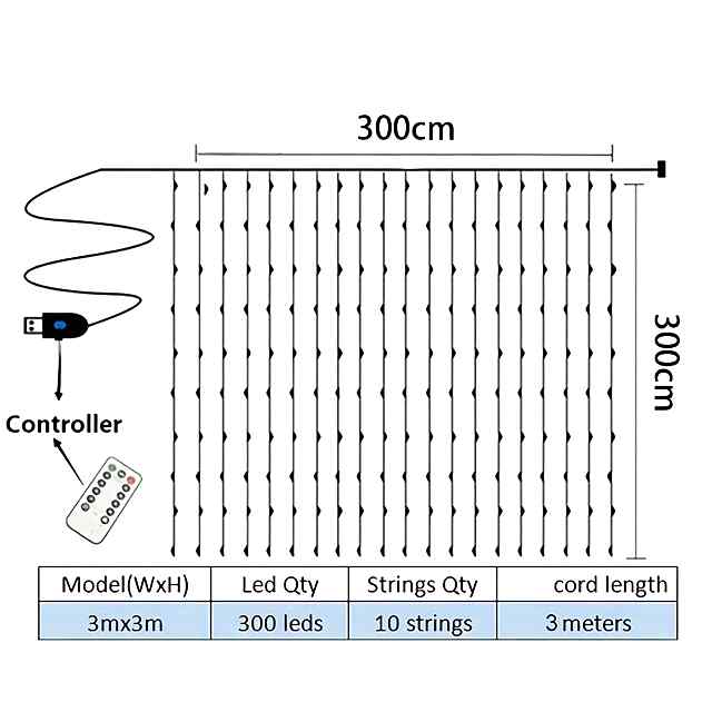 Гірлянда штора, світлодіодна (3х3м), USB, 8 режимів, пультом регулювання яскравості. - 2 фото товару