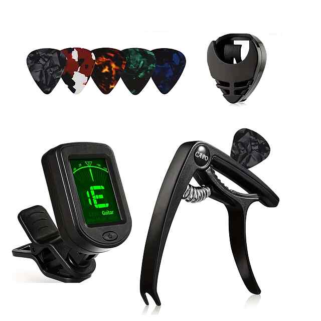 Аксесуари для гітаристів-початківців (8 предметів) - Набір для гри на гітарі з каподастром та тюнером.