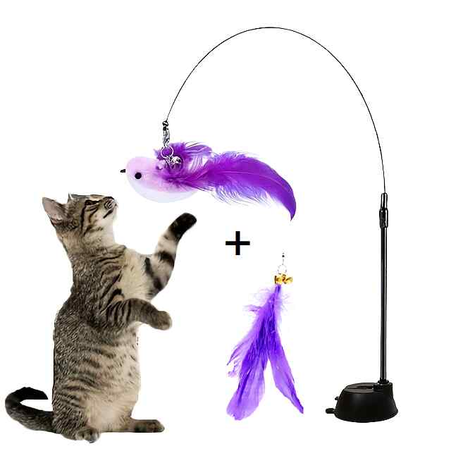 Інтерактивна паличка-присоска для котів з пташкою та пір’ям (фіолетовий) 2 насадки.