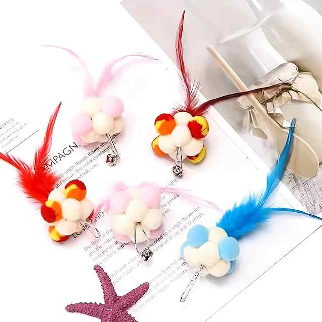 Іграшка для котів з пір'ям та насадками (4шт) у випадк. кольорі. Сталевий дріт. - 2 фото товару