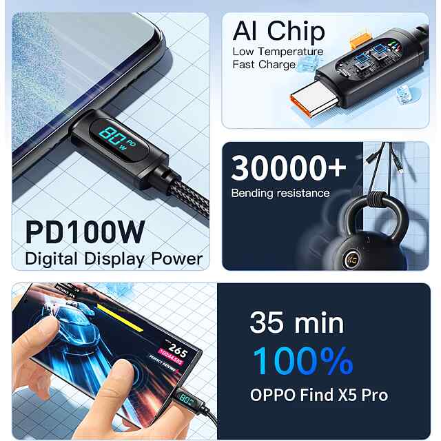 Кабель Essager Type-C швидка зарядка до 100W LED дисплей потужність - 1 фото товару