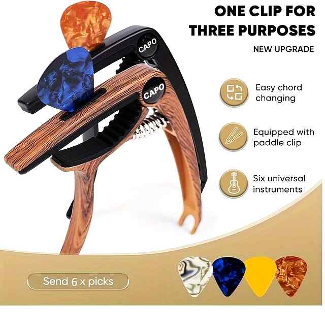 Каподастр для гітари Преміум із тримачем медіатора (wood-style) - 2 фото товару