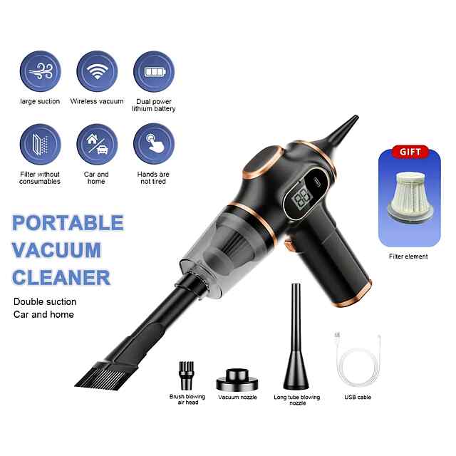 Компресор 2-в-1: Пилосос   повітродувка, акум.3000мАг, CE, Type-C заряд, щітки, фільтр.