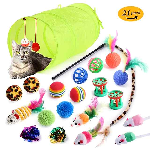 Набір іграшок для котів: тунель, паличка-дражнилка, м'ячики – розваги для улюбленця! 21 предмет. - 0 фото товару