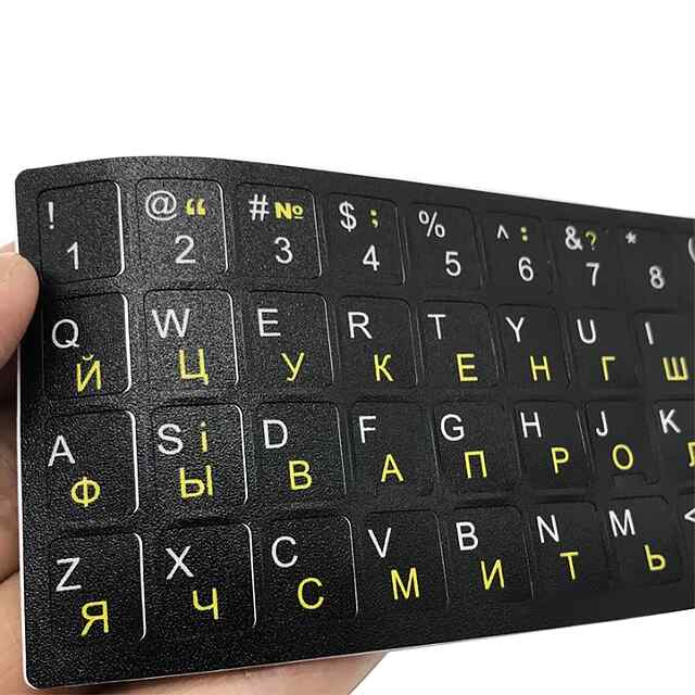 Наклейки на клавіатуру укр/рос для ноутбука або ПК, чорні символи на чорному фоні. - 1 фото товару
