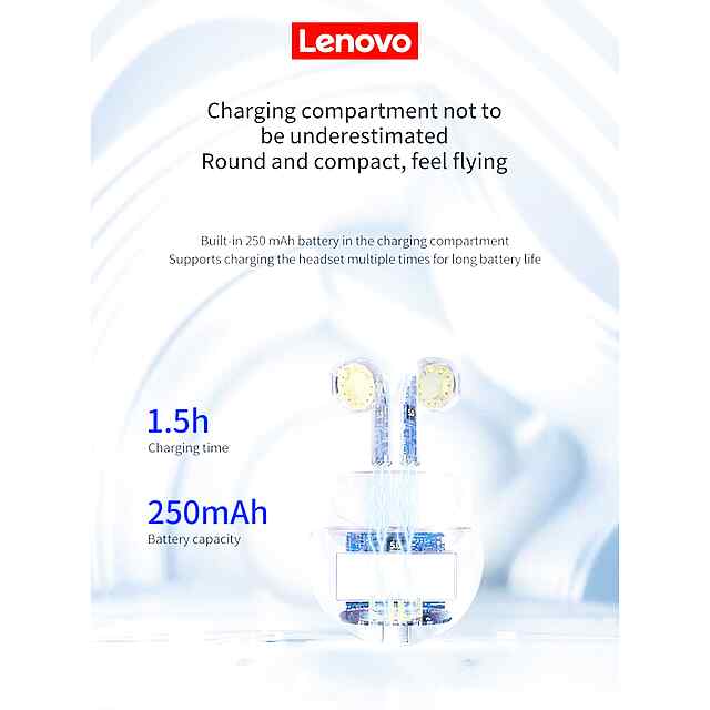 Навушники Lenovo Bluetooth 5.0 білі, активне шумозаглушення, кейс 250 mAh, до 5 год роботи - 2 фото товару