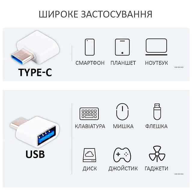 OTG перехідник USB Type-C to USB 2.0 адаптер (білий) - передача даних та зарядка - 3 фото товару