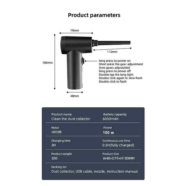 Потужний очисник повітря: 100 Вт, 3 режими, LED підсвітка, перезаряджається, багатофункціональний - 3 фото товару