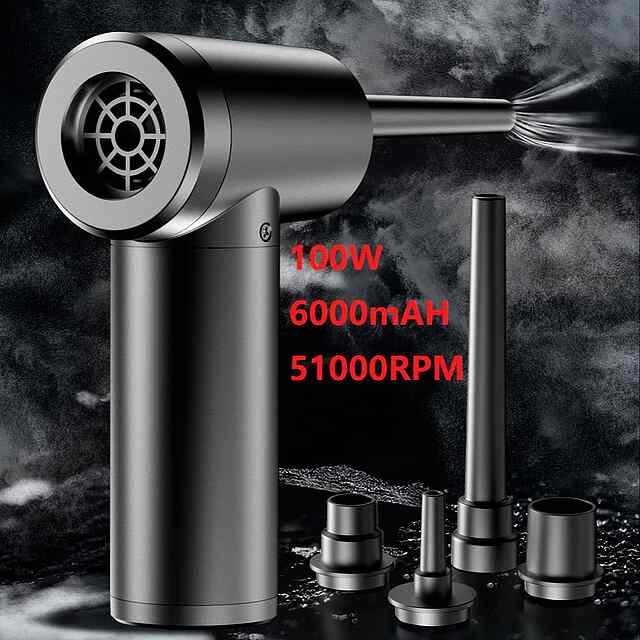 Бездротовий компресор очищувач повітря - 100W / перезаряджається / LED підсвічування / 3 режими потужності / комплект насадок