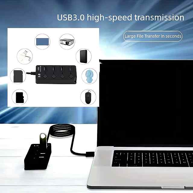 USB 4х портний хаб з LED, швидкість до 480Мбіт/с, сумісний з Windows, Mac, Linux. Компактний та надійний. - 2 фото товару