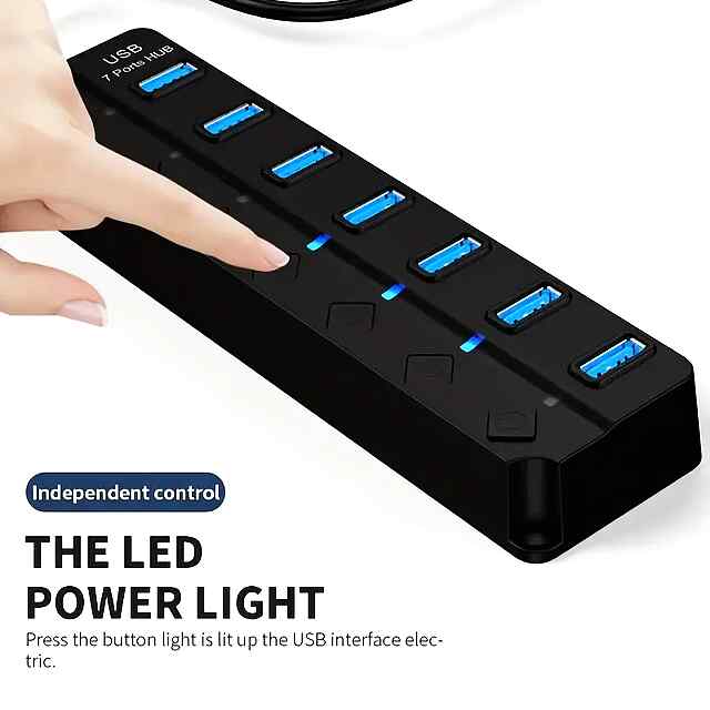 USB 7-портовий хаб з перемикачами - USB HUB Extender, чорний, швидкість до 480Мбіт/с. - 1 фото товару