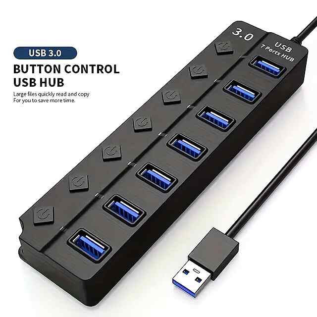 USB 7-портовий хаб з перемикачами - USB HUB Extender, чорний, швидкість до 480Мбіт/с. - 2 фото товару