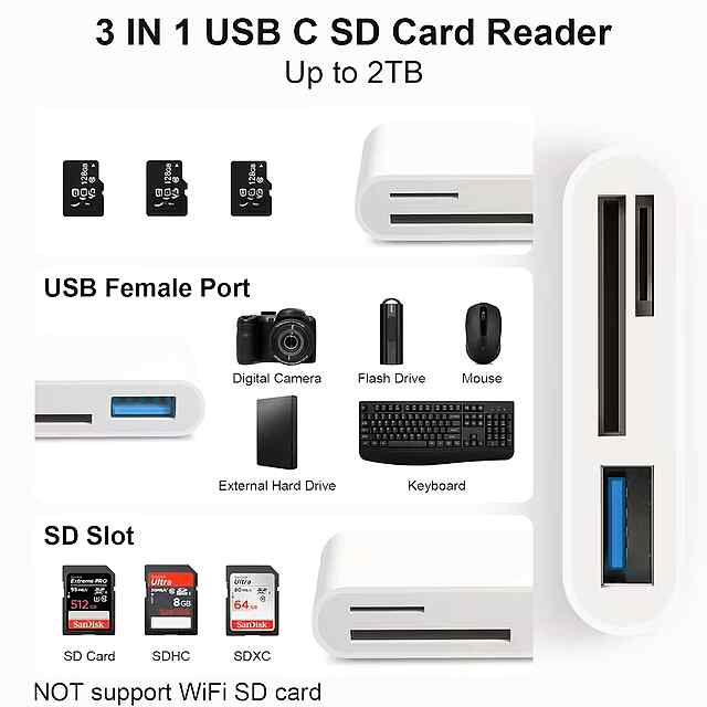 USB C Адаптер Card Reader SD/USB 3.0 для iPhone iPad MacBook Pro Air Type C - 3 фото товару