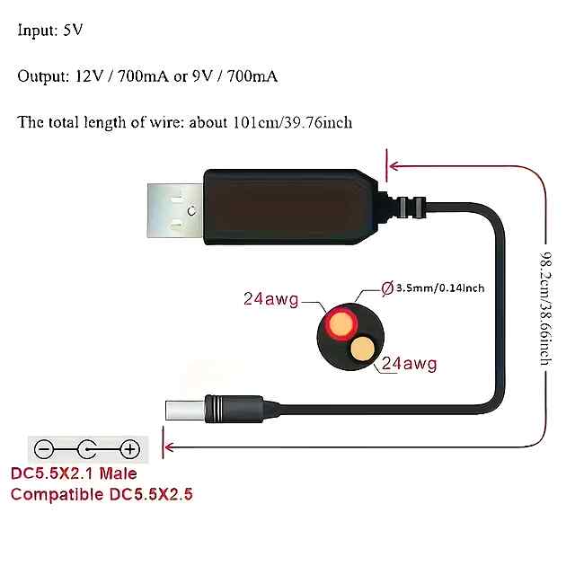 USB-DC 9V Кабель для живлення пристроїв від USB, 5.5х2.1мм, 1м - 1 фото товару