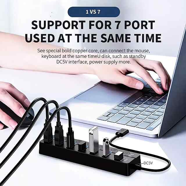 USB Hub 7 портів з LED - чорний, USB 3.0 2.0 до 480Мбіт/с - 3 фото товару