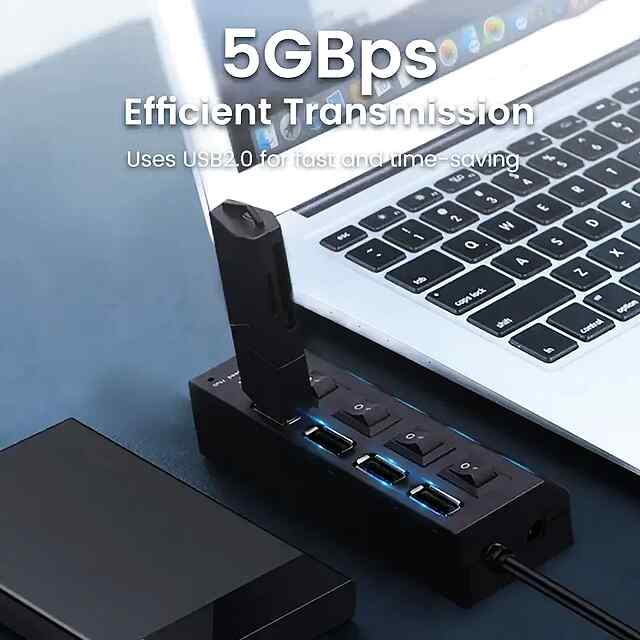 USB хаб 7-порт. Високошвидкісний, портативний для ПК/ноутбука, PlugPlay. До 480 Мбіт/с. - 2 фото товару