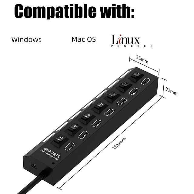 USB хаб 7-портовий Type A, швидкість до 480 Мбіт/с, пластик, PlugPlay - 2 фото товару