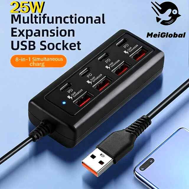 USB-хаб 8-в-1   Зарядка Type-C/A до 25W (без БЖ) — універсальний, портативний