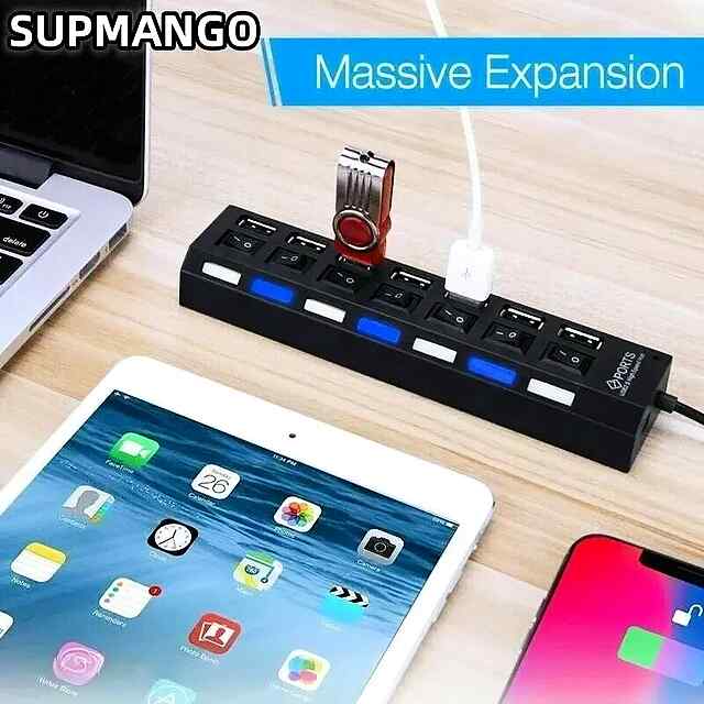 USB хаб з 7 портами, швидка передача даних, компактний, чорний. - 1 фото товару